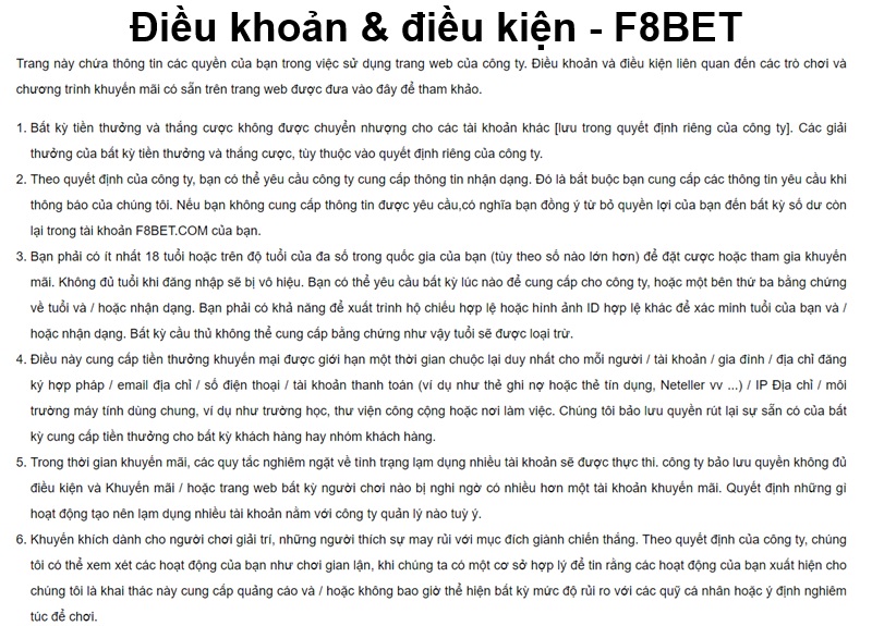 Điều khoản & điều kiện - F8BET