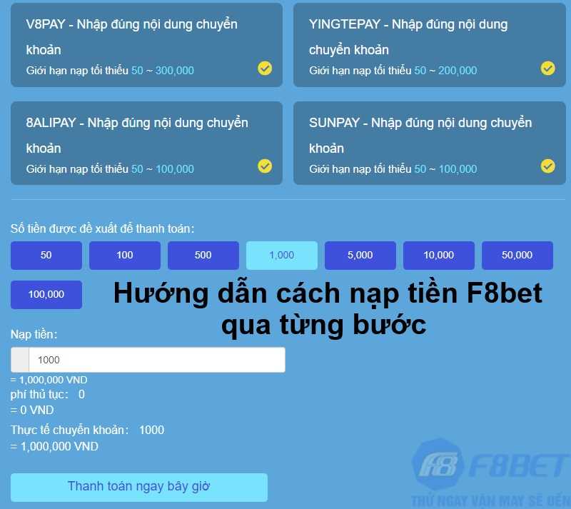 Hướng dẫn cách nạp tiền F8bet qua từng bước